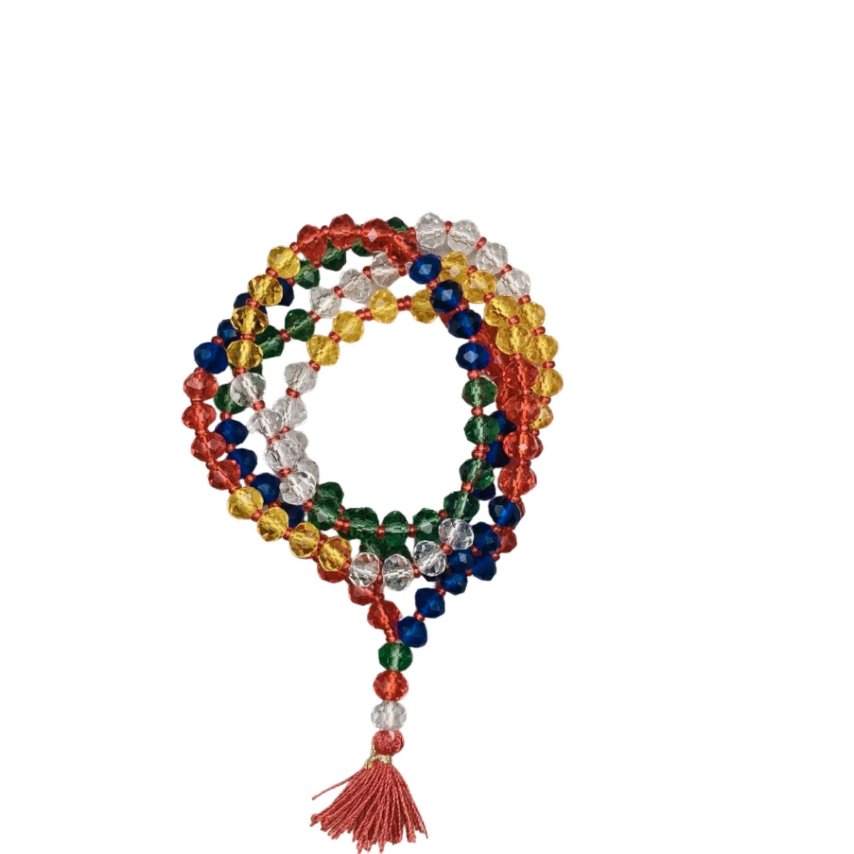 Multicolour faceted bead mala with red, yellow, white, green and blue beads coiled in loops with a red tassel on a white background