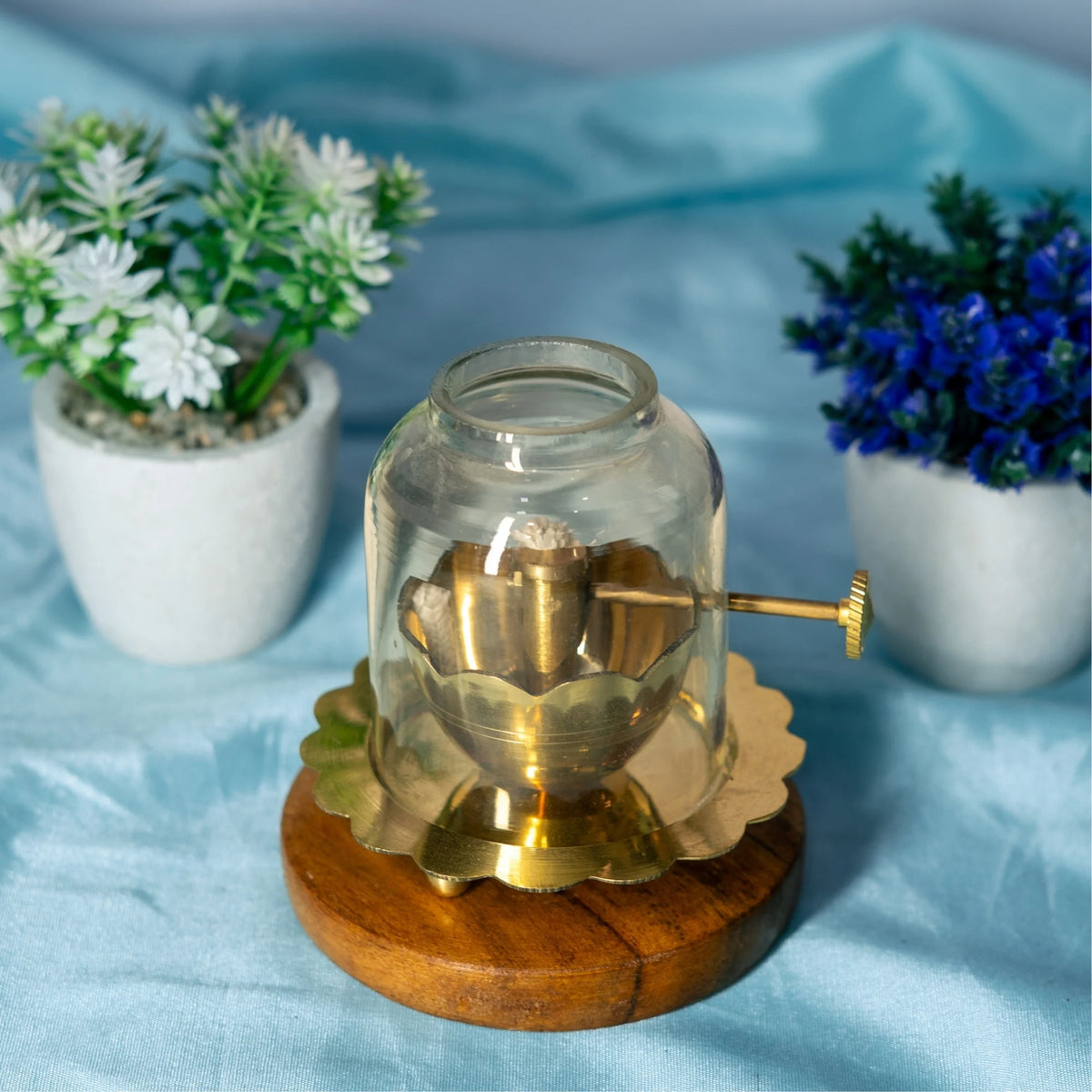 100% Pure Brass Akhand Diya with Adjustable Bati Knob With Glass Cover