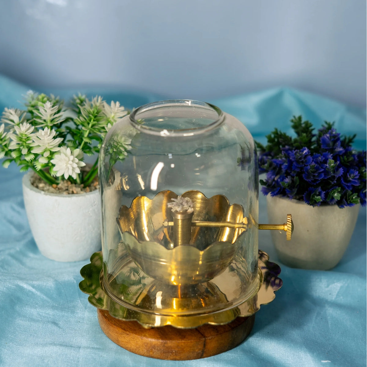 100% Pure Brass Akhand Diya with Adjustable Bati Knob With Glass Cover