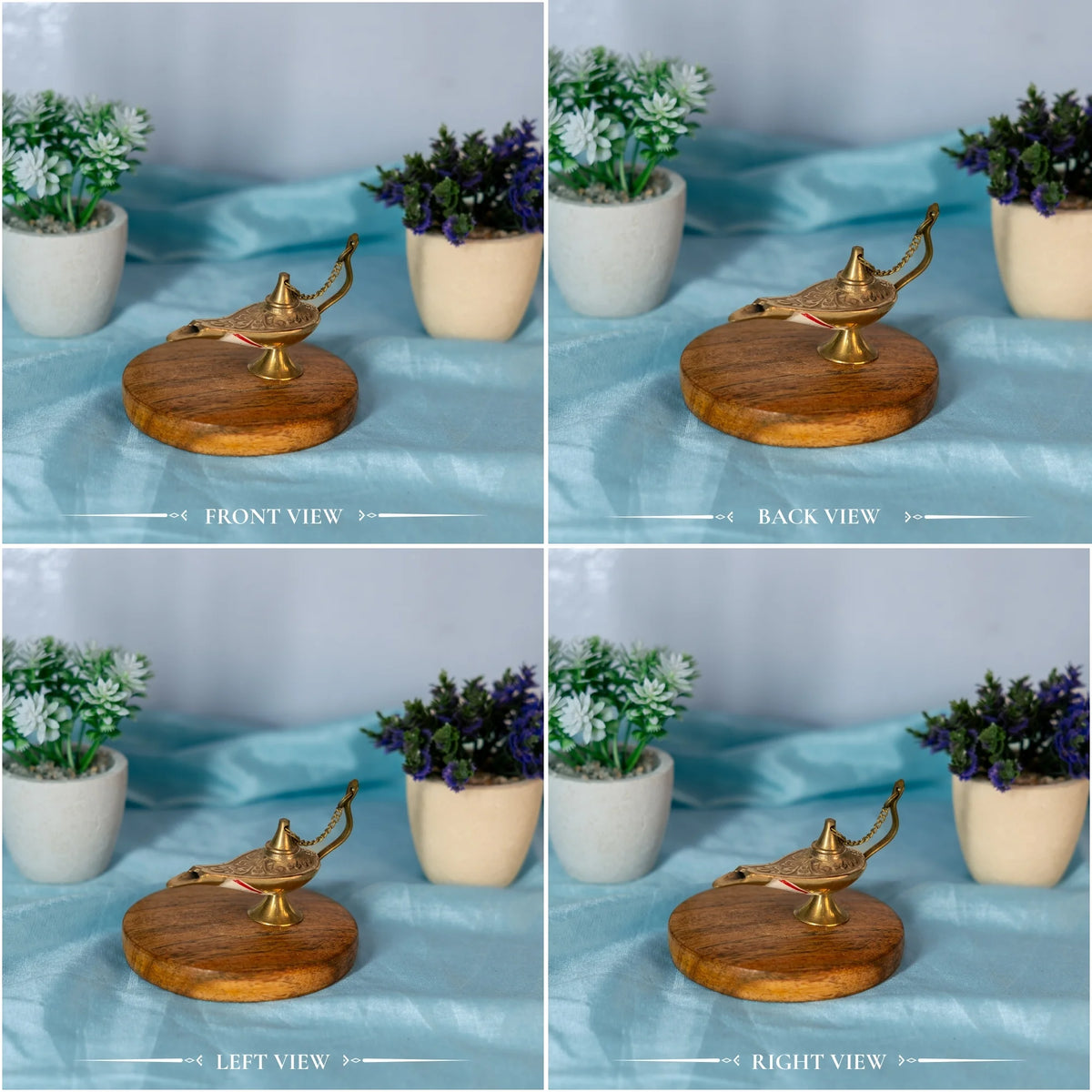 Four views, front, back, left and right, of a brass Aladdin-style chirag lamp on a round wooden base