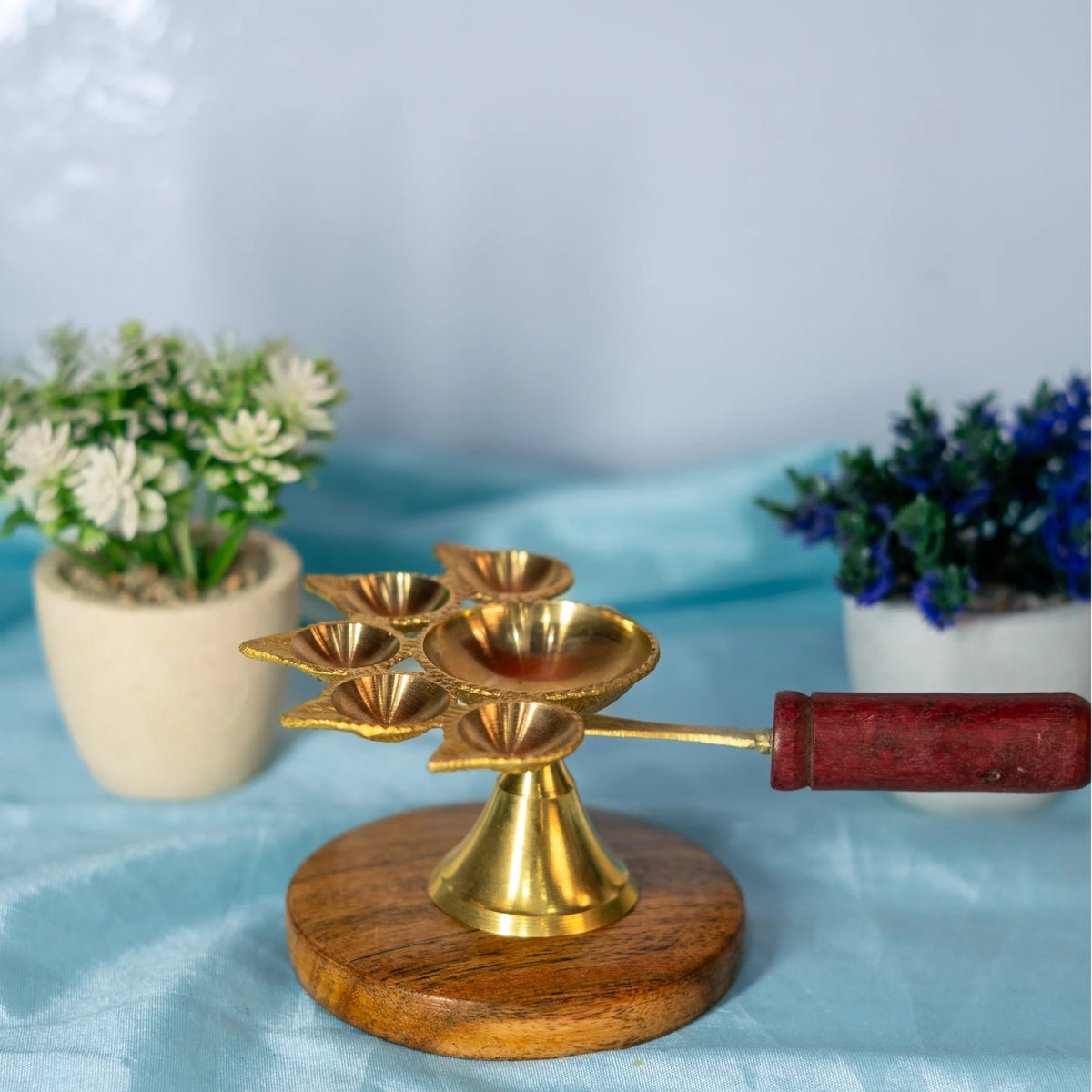100% Pure Brass Panchdeep Diya with Wooden Handle. 5 Face Aarti Lamp for Puja Mandir. Pital Pancharti Deepak for Diwali Home Decor & Spiritual Gift