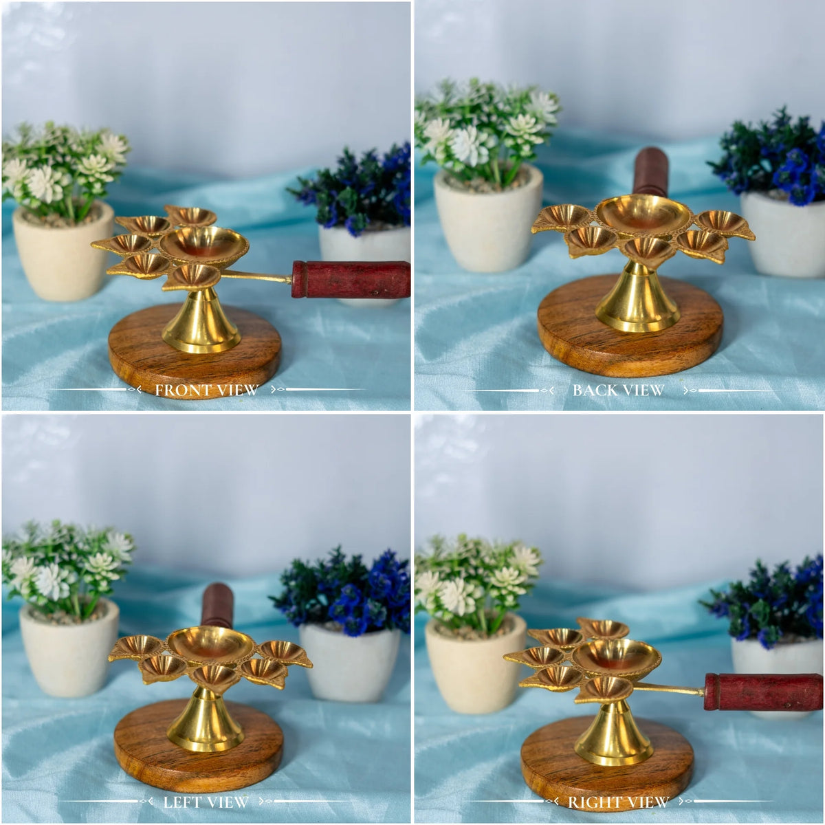 100% Pure Brass Panchdeep Diya with Wooden Handle. 5 Face Aarti Lamp for Puja Mandir. Pital Pancharti Deepak for Diwali Home Decor & Spiritual Gift