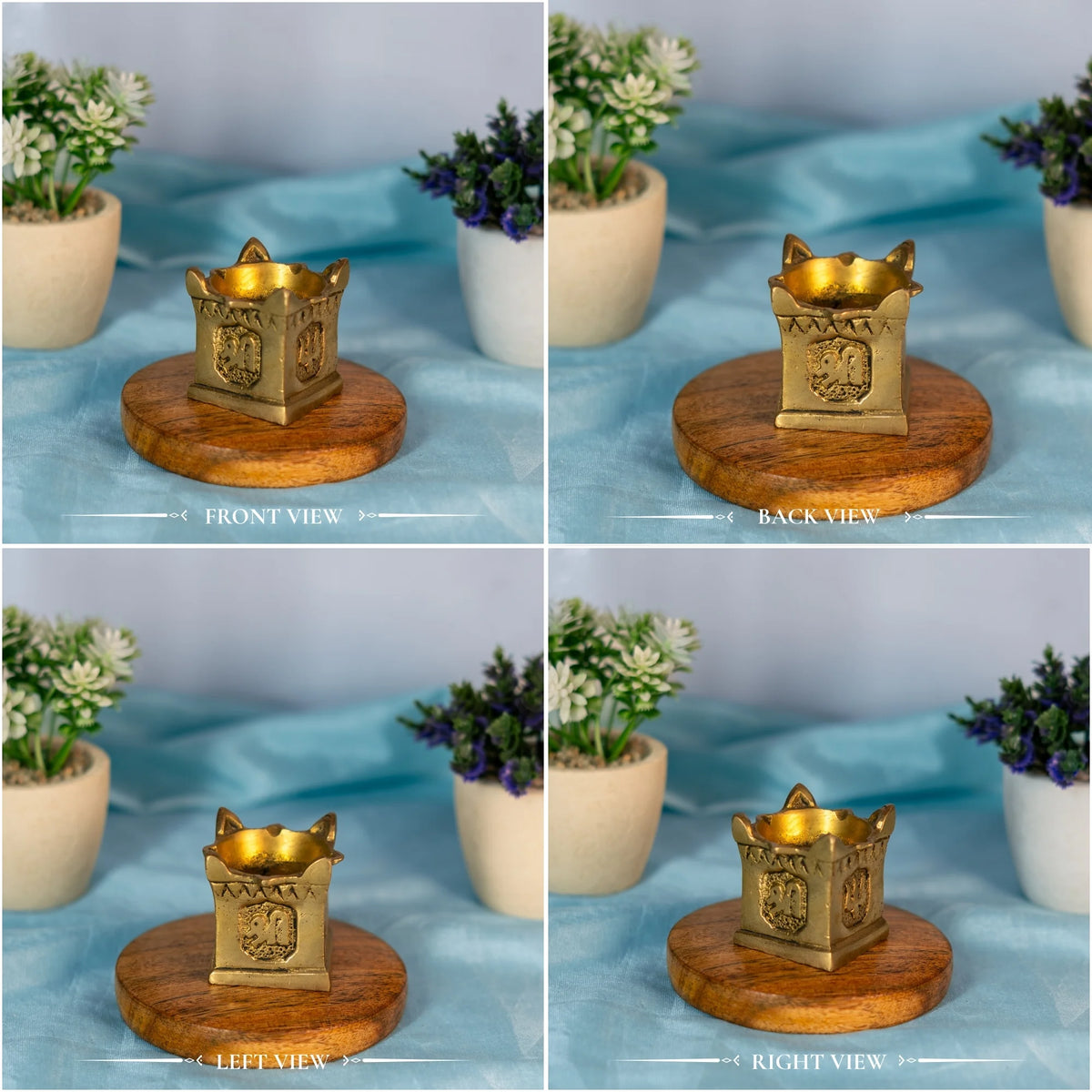 Four views, front, back, left and right, of a small square brass tulsi diya with emblem panels on its sides