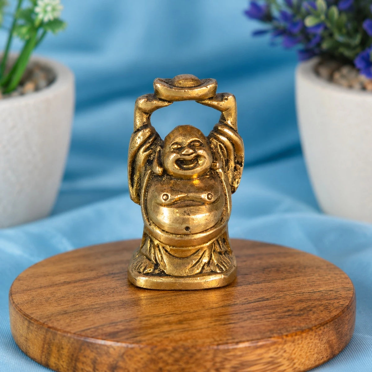100% pure brass Laughing Buddha holding a gold ingot above his head, antique finish