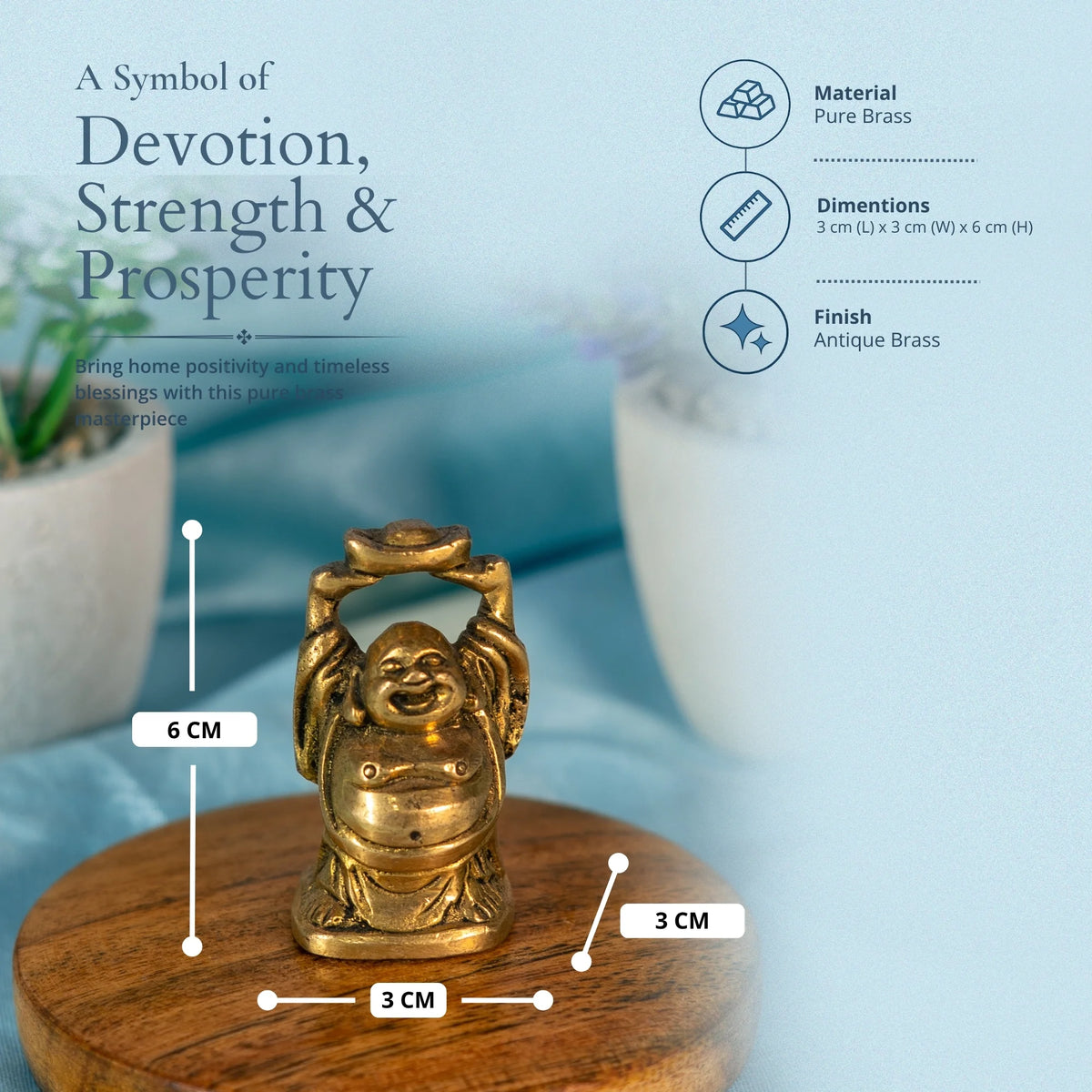 Brass Laughing Buddha with ingot size 3 cm x 3 cm x 6 cm, pure brass, antique finish