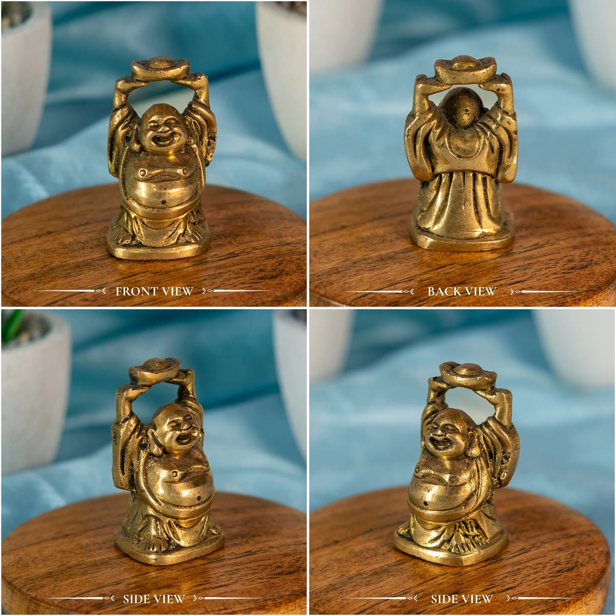 Brass Laughing Buddha with ingot front, back and side views on a wooden base