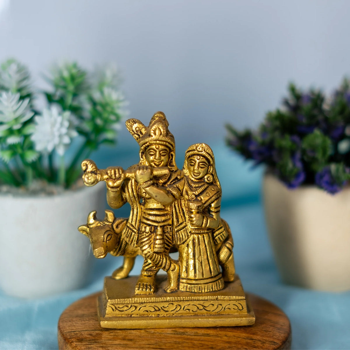 Radha Krishna with Nandi Idol in 100% Pure Brass | Handcrafted Spiritual Murti for Home Temple & Festive Decor | Durable Brass Radha Krishna Statue for Janmashtami & Devotional Gifting Medium