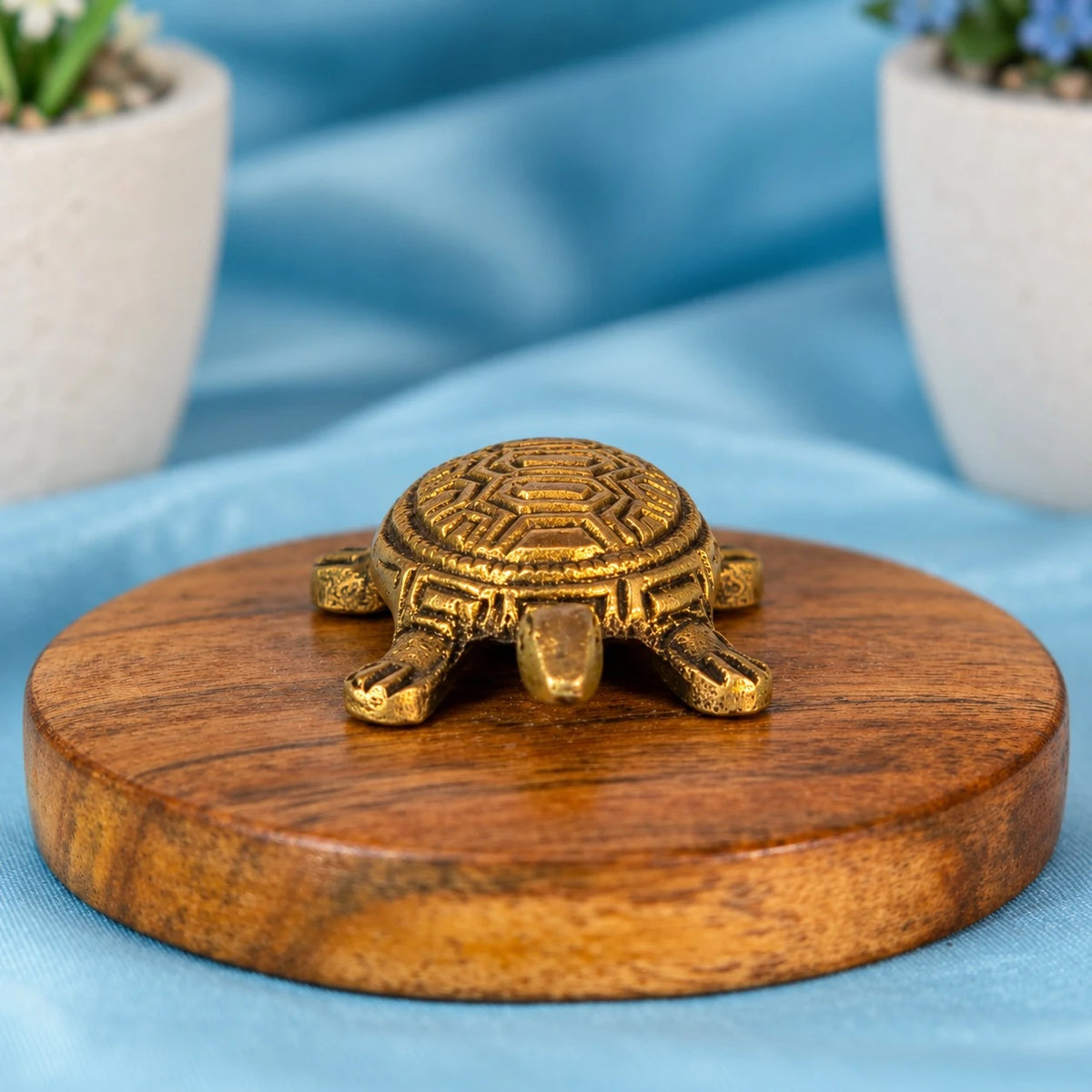 Brass tortoise seen from behind with a domed shell carved in rings and zig-zag bands, standing on a round wooden base with a blue cloth and plants behind