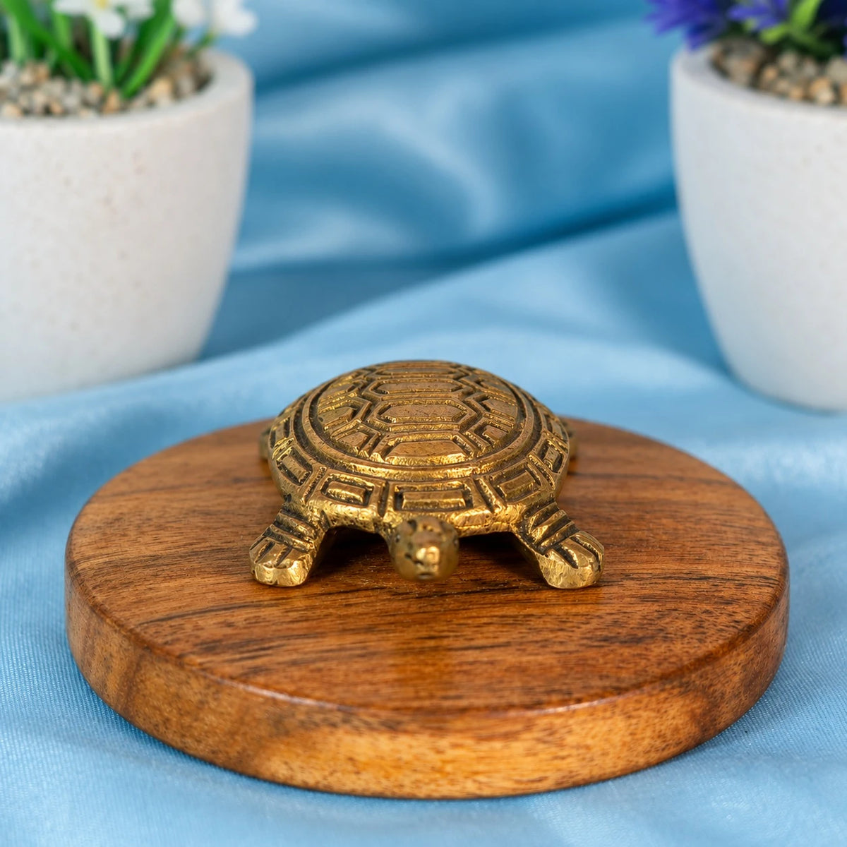 Small brass tortoise seen from behind with a domed shell carved in rings and bands, standing on a round wooden base with a blue cloth and plants behind
