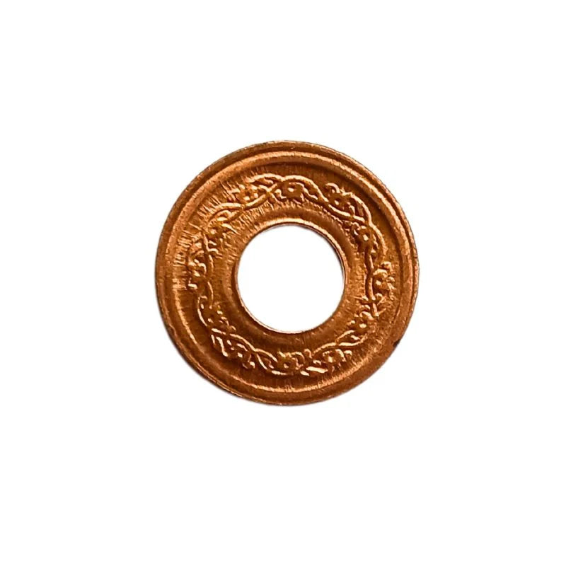 Pure copper pooja coin with centre hole and engraved floral border