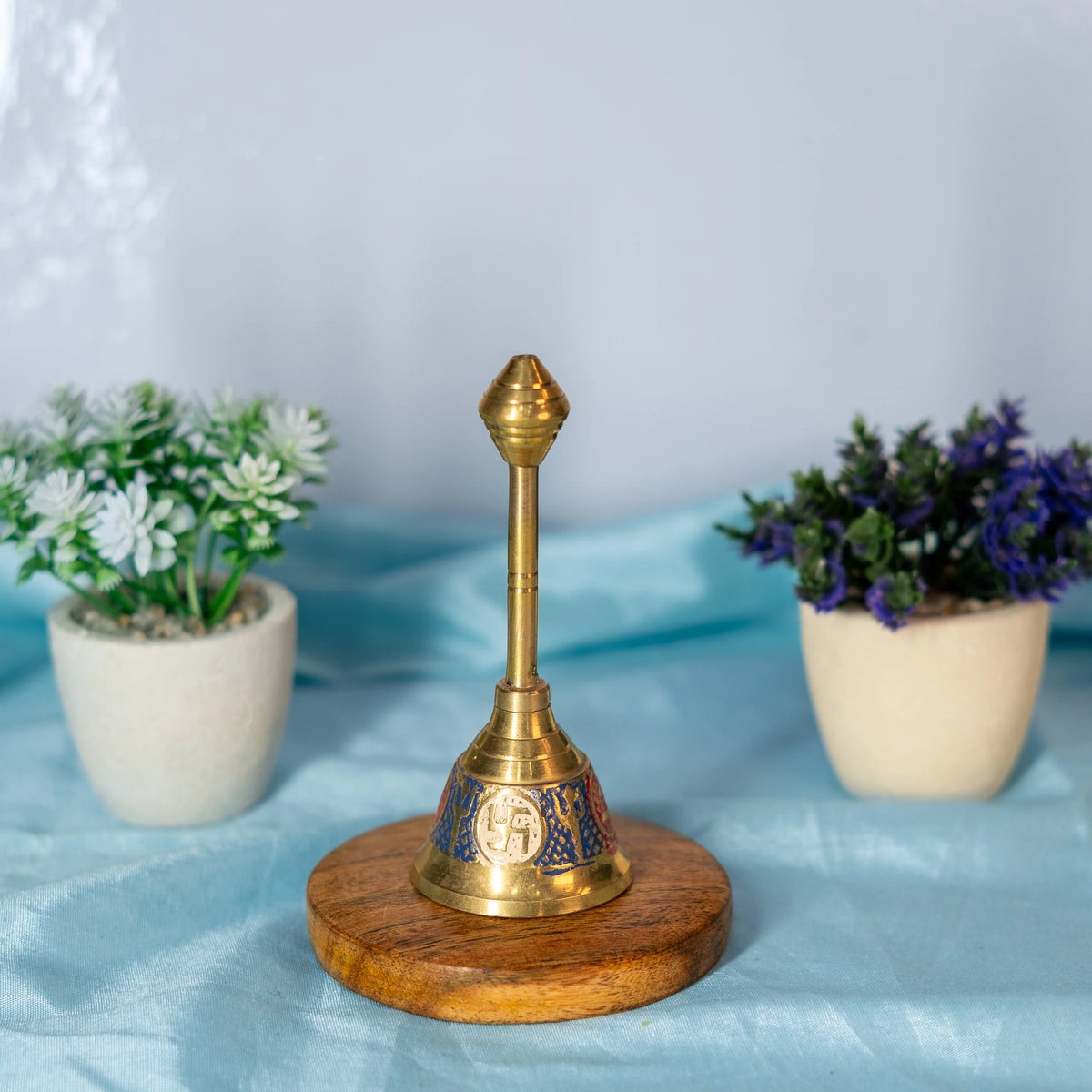 100% Pure Brass Blue & Golden Hand Bell | Decorative Brass Pooja Bell with Enamel Work | Traditional Ghanti for Puja, Aarti & Home Temple