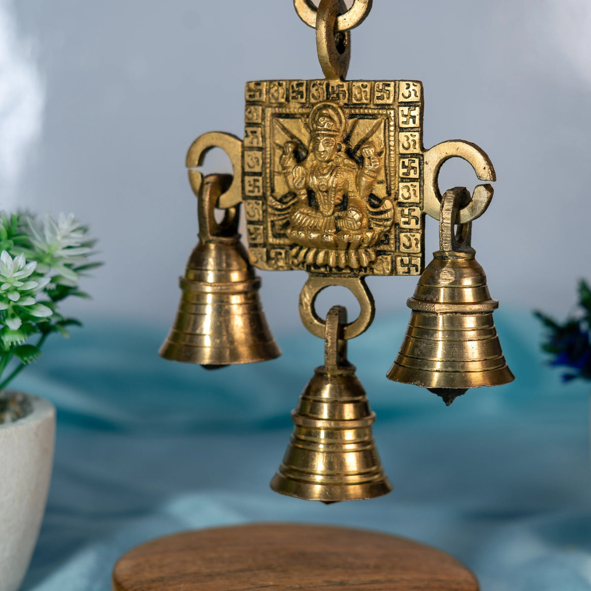 100% Pure Brass Hanging Bells Religious With Maa Laxmi