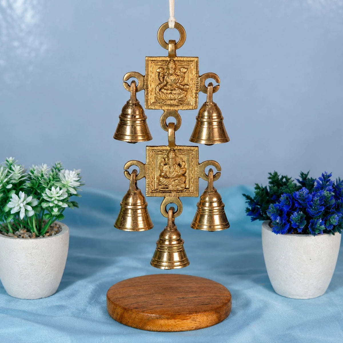 Brass hanging bell set with two square plaques, Maa Laxmi above and Ganesh below, and five small bells hanging from rings