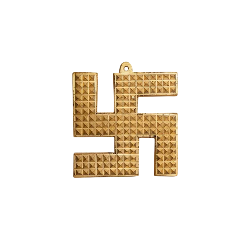 Gold-tone right-facing swastik covered in small raised pyramids with a hanging loop at the top, on a black background